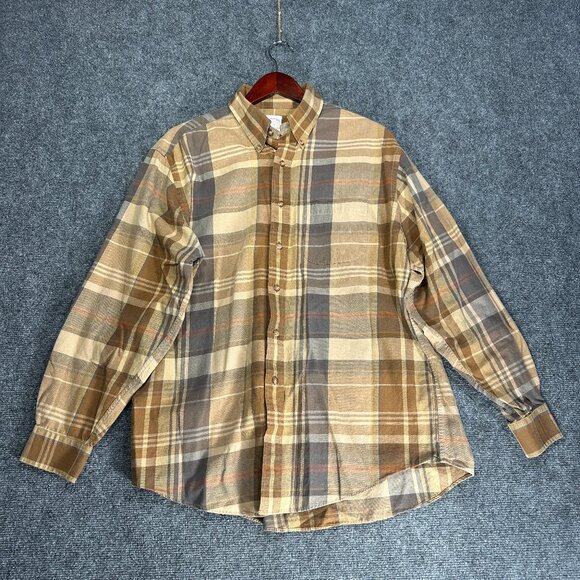 Brooks Brothers Shirt Mens Large Button Down The Original Polo Tan Plaid Flannel - Picture 1 of 7
